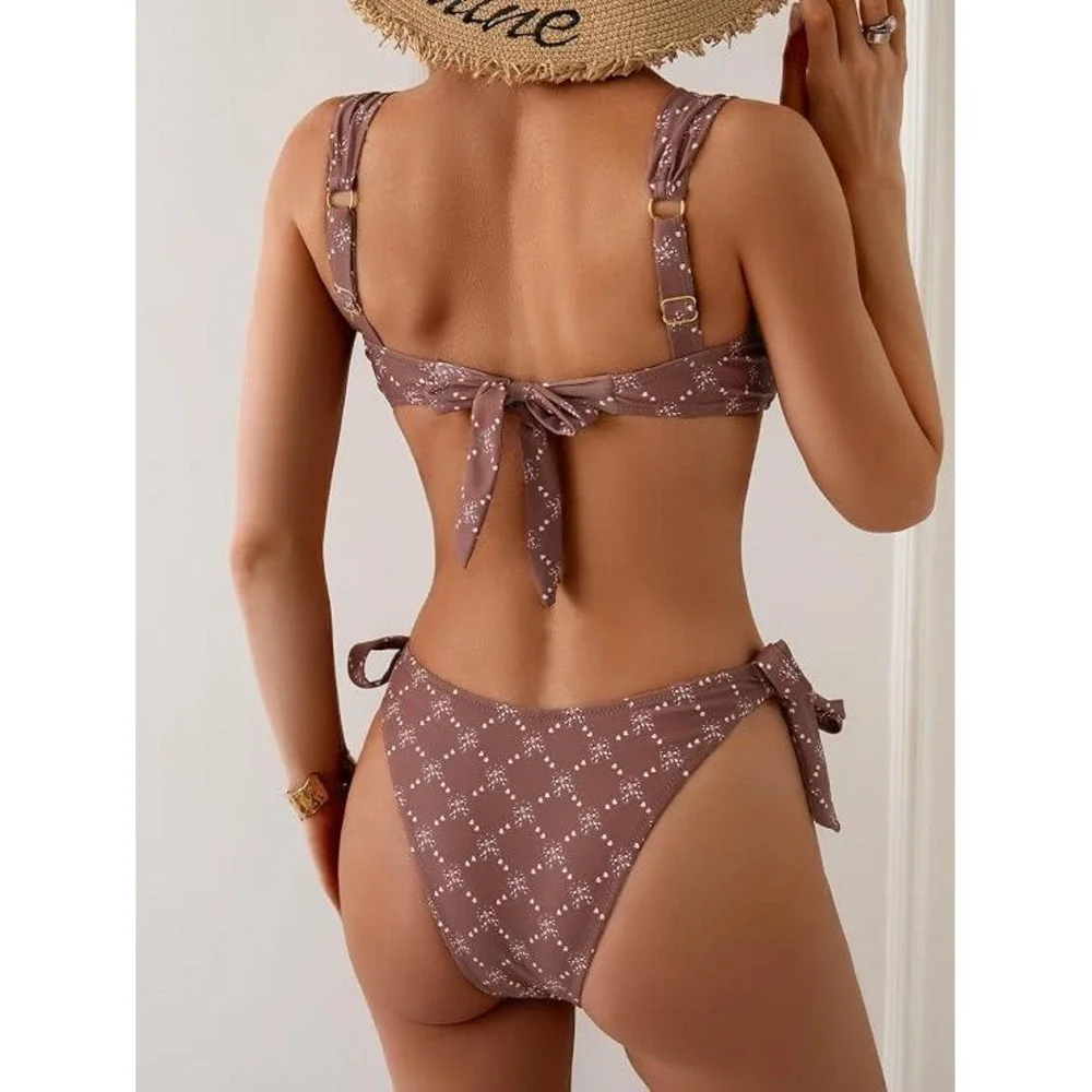 Eomenie Brown Butterfly Print High Waisted Bikini Set Gold Flower Small NWT